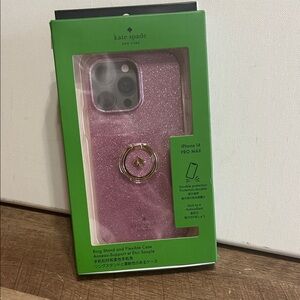Kate Spade Sparkling Pink iPhone 14 Pro Max Case New in Box Gold Logo Ring Stand